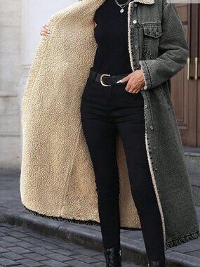 Black Casual Women's Plus Size Warm Thermal Lined Long Denim Jacket